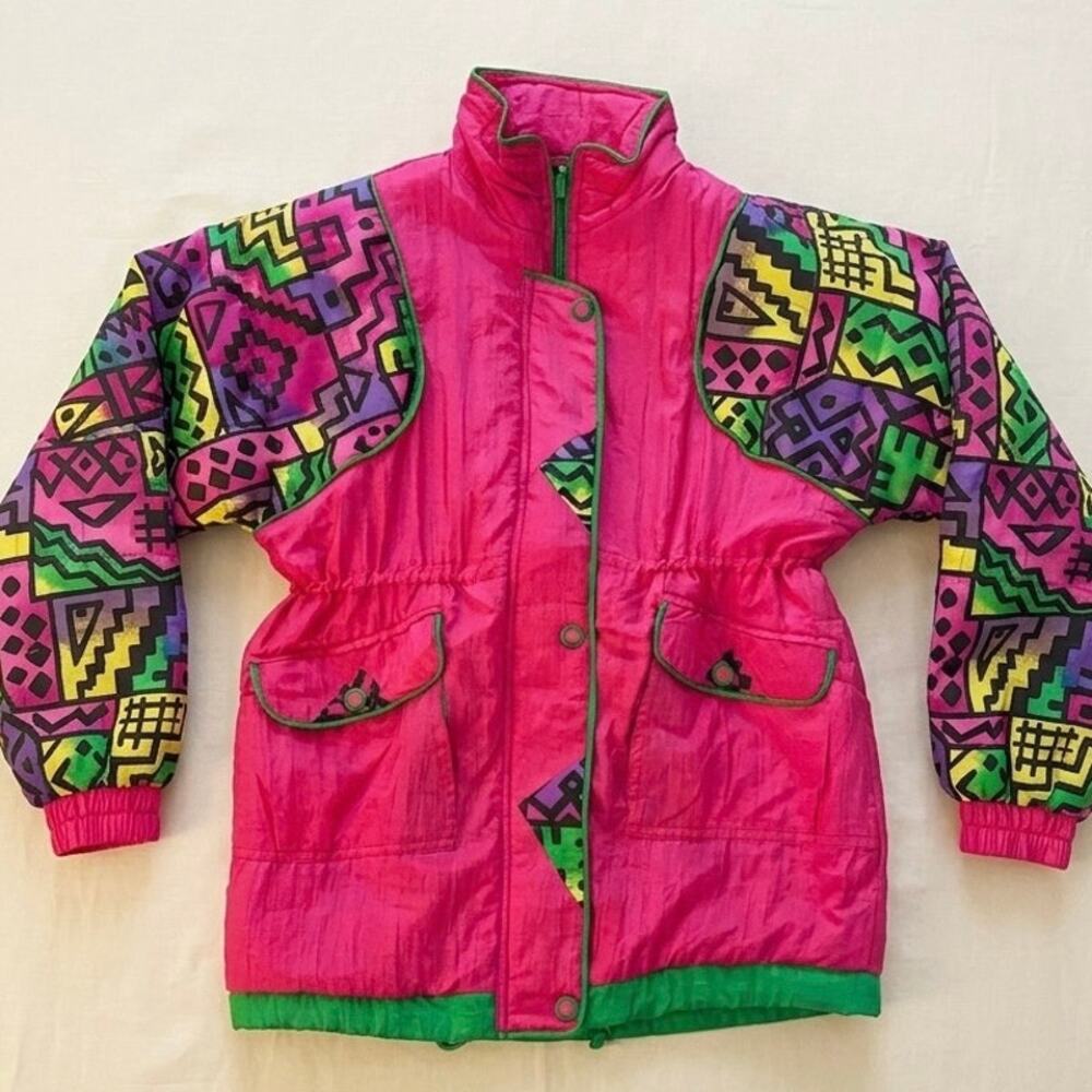 VTG 80s Kids Size 5 Neon Pink Geometric Ski Jacket Retro Puffer Windbreaker